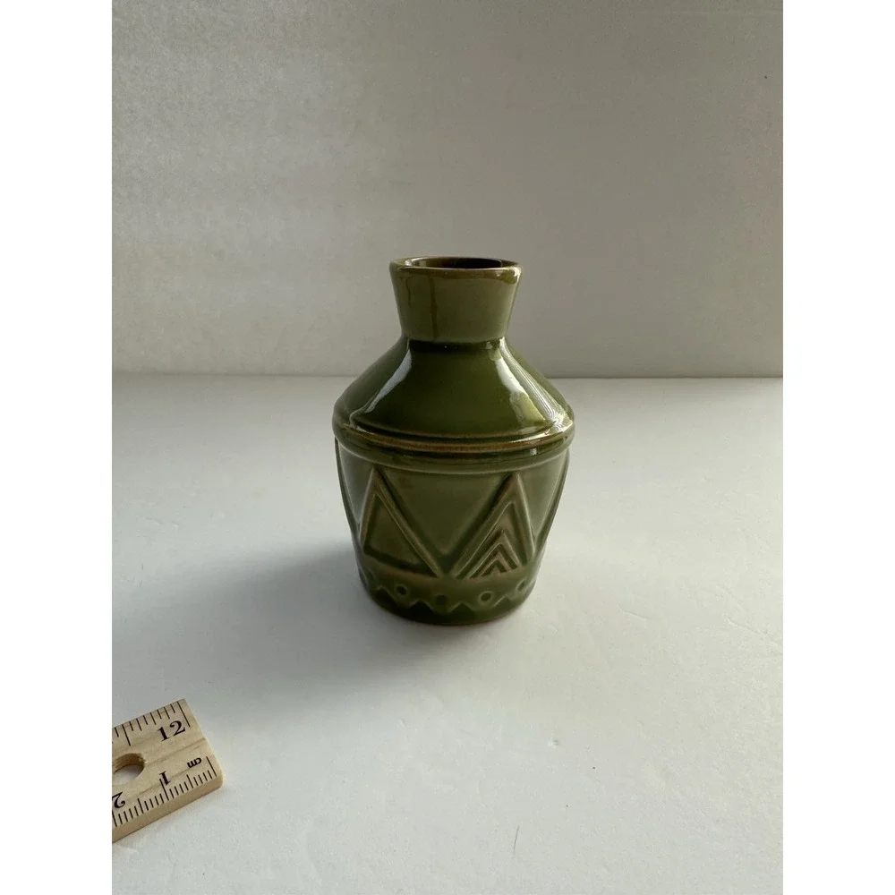 TAG Green Art Pottery Bud Vase Geometric Stoneware Vase Olive Green 5 Inch